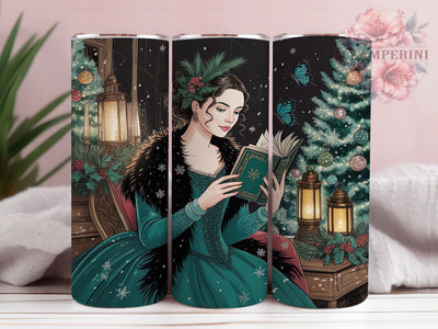 Bookish Gothic Christmas Tumbler, Dark Holiday Wrap, Gothic Woman Sublimation, 20oz Gothic Tumbler, Festive Book Lover Art, Seasonal Gothic Mug, Whimsical Dark Cup Sublimation Li Zamperini 