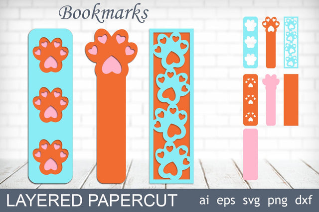 Bookmarks with cat paws svg, Dog layered bookmarks, Papercut template SVG AnastasiyaArtDesign 
