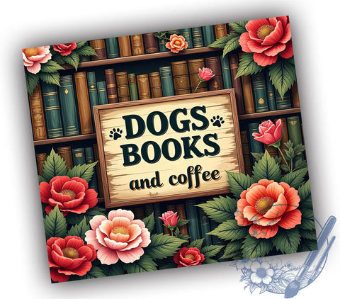 Books and Coffee, Dog Lover Tumbler, 20oz Wrap, Sublimation Design, Coffee Lover, Digital Download, Pet Lover Gifts Sublimation ToriDesigns 