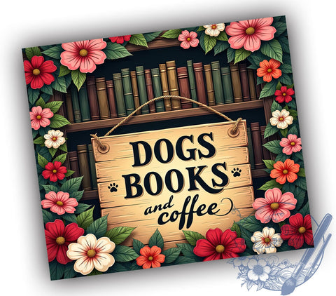 Books and Coffee, Dog Lover Tumbler, 20oz Wrap, Sublimation Design, Coffee Lover, Digital Download, Pet Lover Gifts Sublimation ToriDesigns 