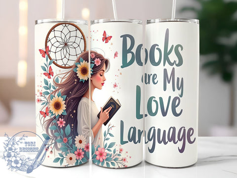 Books Love Language Tumbler, Sunflower Design, 20oz Tumbler Wrap, Sublimation PNG, Reading Gift, Digital Download, Book Lover Drinkware Sublimation ToriDesigns 