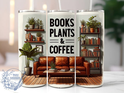 Books Plants & Coffee 20oz Skinny Tumbler, Book Lovers Tumbler Png, Straight & Tapered Tumbler Wrap, Instant Digital Download Sublimation ToriDesigns 