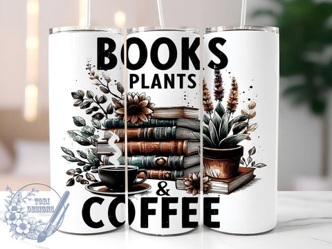 Books Plants & Coffee 20oz Skinny Tumbler, Lover Librarian Tumbler Png, Straight & Tapered Tumbler Wrap, Instant Digital Download Sublimation ToriDesigns 