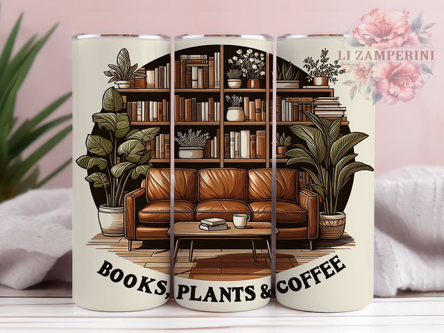 Books Plants & Coffee 20oz Tumbler Wrap PNG, Book Lover Tumbler Png, Straight & Tapered Tumbler Wrap, Instant Digital Download Sublimation Li Zamperini 