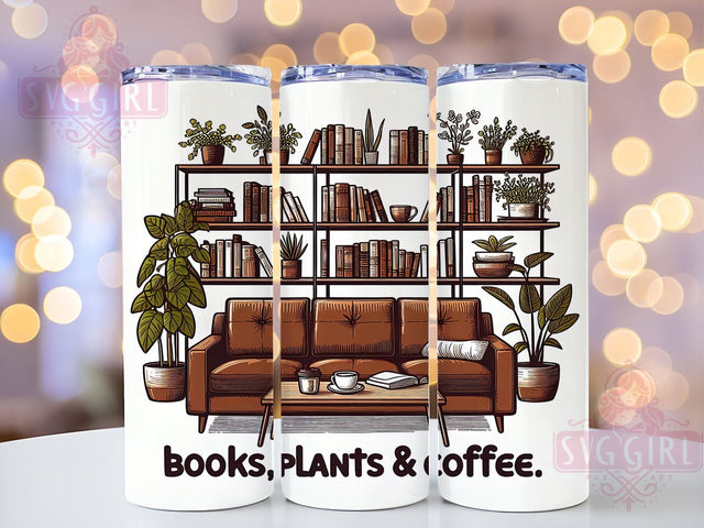 Books Plants & Coffee 20oz Tumbler Wrap Sublimation Design, Straight Tapered Tumbler Wrap, Lover Bookshelves Tumbler Png, Instant Digital Download Sublimation SvggirlplusArt 