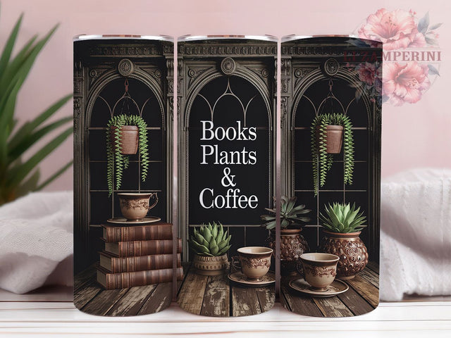 Books Plants & Coffee Lover Tumbler Wrap, Bookshelves Sublimation Design, 20oz Skinny Tumbler Wrap, Plant Life Librarian Art, Cozy Reader Gift Idea, Nature and Literature Tumbler Sublimation Li Zamperini 