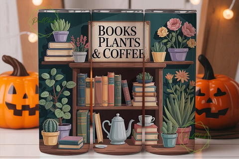 Books, Plants & Coffee Tumbler Wrap Sublimation PixelChick 