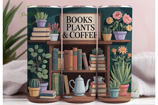 Books, Plants & Coffee Tumbler Wrap Sublimation PixelChick 