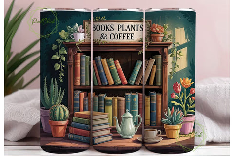 Books, Plants & Coffee Tumbler Wrap Sublimation PixelChick 