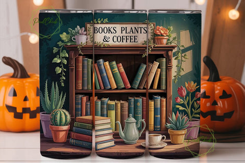 Books, Plants & Coffee Tumbler Wrap Sublimation PixelChick 