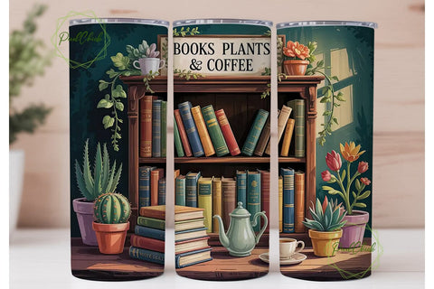 Books, Plants & Coffee Tumbler Wrap Sublimation PixelChick 