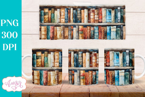 Bookshelf mug wrap PNG for Sublimation | Book lover mug png Sublimation Amorclipart 