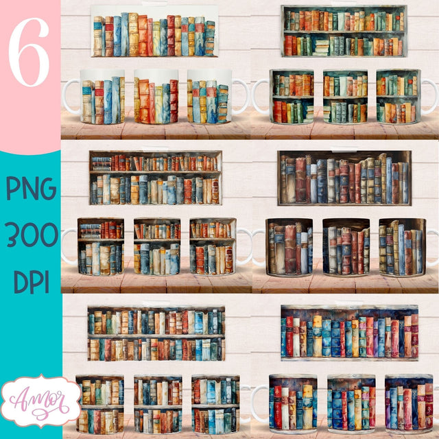 Bookshelf mug wrap PNG for Sublimation | Book lover mug png Sublimation Amorclipart 