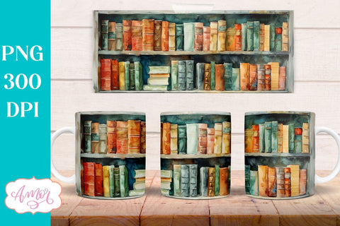 Bookshelf mug wrap PNG for Sublimation | Book lover mug png Sublimation Amorclipart 