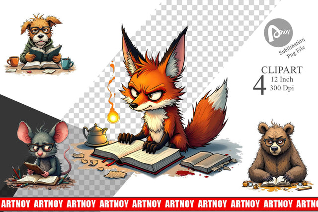 Bookworm Critters Clipart Sublimation artnoy 