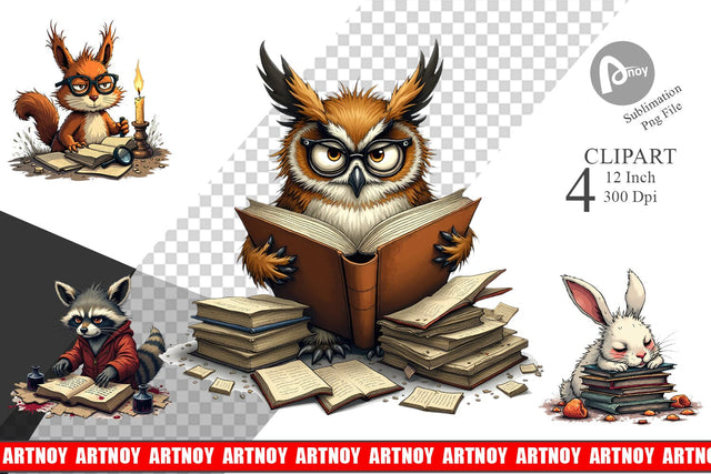 Bookworm Critters Clipart Sublimation artnoy 