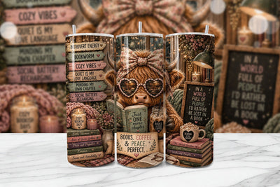 Bookworm Highland Cow Tumbler Wrap PNG Sublimation BijouBay 