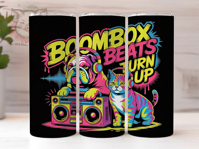 Boombox Beats Dino Cat 20oz Tumbler, Boombox Beats Wrap, Bulldog and Tabby Cat Design, Funny Animal Music Wrap, Musical Sublimation Design, 20oz Tumbler Wrap, Sublimation Design PNG, Music Gift Sublimation Lara' s Designs 