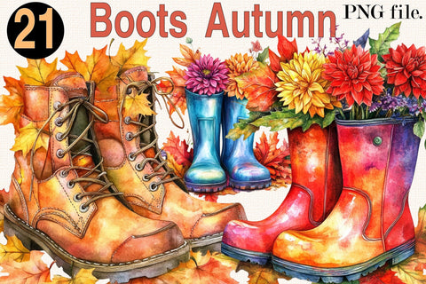 Boot Autumn Watercolor Clipart Bundle. Sublimation SVGArt 