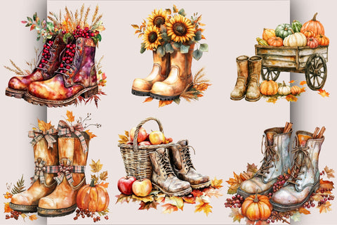 Boot Autumn Watercolor Clipart Bundle. Sublimation SVGArt 