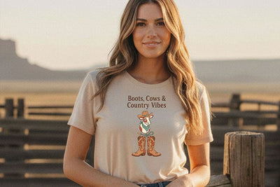 Boots Cows and Country Vibes Png, Western Cowgirl Sublimation Design, Cute Cow Cowboy Hat, Rodeo Shirt Graphic, Country Concert Tee Design SVG TiffsCraftyCreations 
