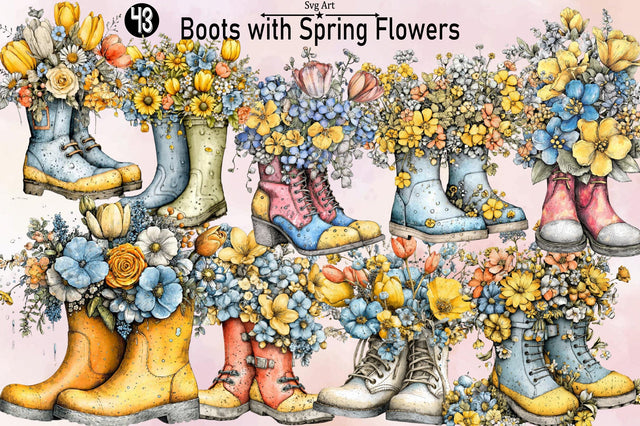 Boots with Spring Flowers Sublimation Clipart Bundle. Sublimation SVGArt 