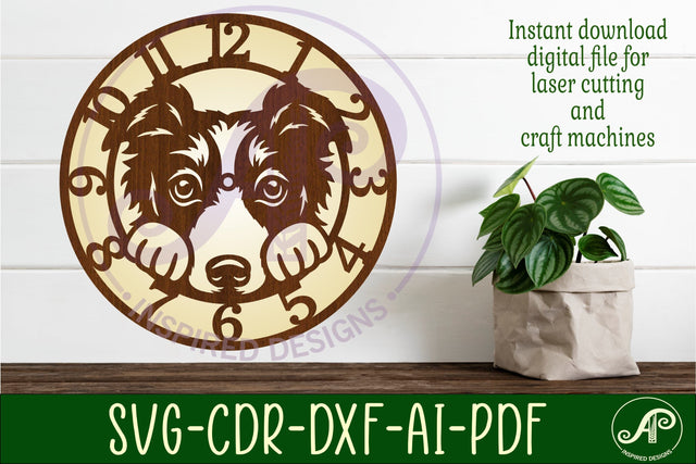 Border collie dog wall clock laser cut files, SVG SVG APInspireddesigns 