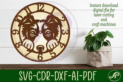 Border collie dog wall clock laser cut files, SVG SVG APInspireddesigns 