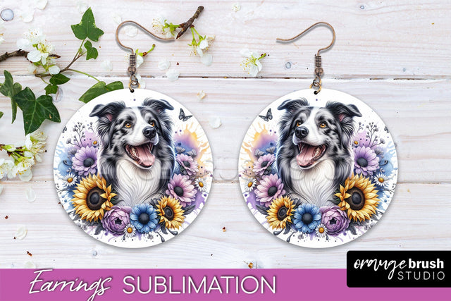 Border Collie Earrings - Dog Mom Floral Round Earring Sublimation Sublimation OrangeBrushStudio 