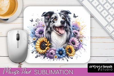 Border Collie Mouse Pad Design - Dog Mom Floral Mousepad Sublimation Sublimation OrangeBrushStudio 