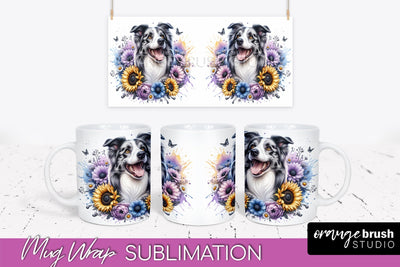 Border Collie Mug Wrap - Dog Mom Floral Coffee Mug PNG Sublimation Sublimation OrangeBrushStudio 