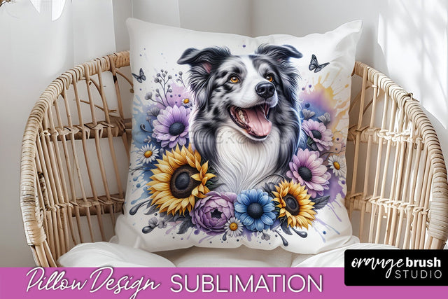 Border Collie Pillow Cover - Dog Mom Floral Pillow Sublimation Sublimation OrangeBrushStudio 