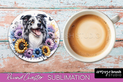 Border Collie Round Coaster - Dog Mom Floral Coaster Sublimation Sublimation OrangeBrushStudio 