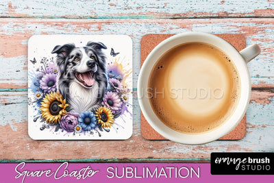 Border Collie Square Coaster - Dog Mom Floral Coaster Sublimation Sublimation OrangeBrushStudio 
