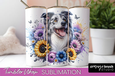 Border Collie Tumbler Wrap - Dog Mom Floral Tumbler Sublimation Sublimation OrangeBrushStudio 