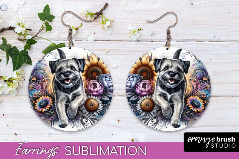 Border Terrier Earrings - Dog Mom Floral Round Earring Sublimation Sublimation OrangeBrushStudio 