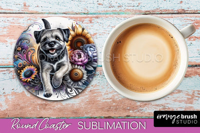 Border Terrier Round Coaster - Dog Mom Floral Coaster Sublimation Sublimation OrangeBrushStudio 