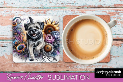 Border Terrier Square Coaster - Dog Mom Floral Coaster Sublimation Sublimation OrangeBrushStudio 