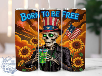 Born to be Free Skeleton Tumbler, Skeleton Tumbler Design, Born to be Free Tumbler, Patriotic Tumbler Wrap, 20oz Skinny Tumbler, Skeleton American Flag, Independence Day Tumbler Sublimation ToriDesigns 