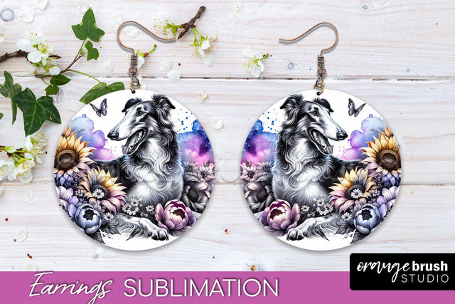 Borzoi Earrings - Dog Mom Floral Round Earring Sublimation Sublimation OrangeBrushStudio 