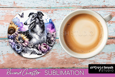 Borzoi Round Coaster - Dog Mom Floral Coaster Sublimation Sublimation OrangeBrushStudio 