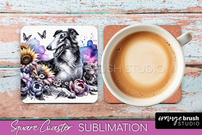 Borzoi Square Coaster - Dog Mom Floral Coaster Sublimation Sublimation OrangeBrushStudio 