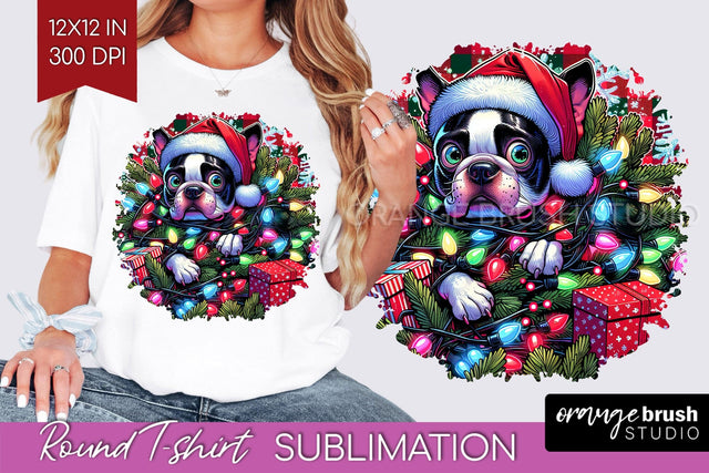 Boston Terrier Christmas Dog Round Tshirt PNG Sublimation OrangeBrushStudio 