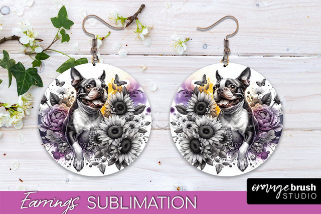 Boston Terrier Earrings - Dog Mom Floral Round Earring Sublimation Sublimation OrangeBrushStudio 