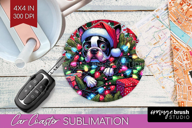 Boston Terrier Funny Christmas Dog Car Coaster Sublimation OrangeBrushStudio 