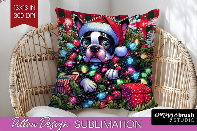 Boston Terrier Funny Christmas Dog Pillow Cover Sublimation OrangeBrushStudio 