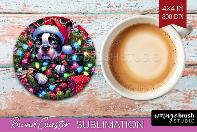Boston Terrier Funny Christmas Dog Round Coaster Sublimation OrangeBrushStudio 