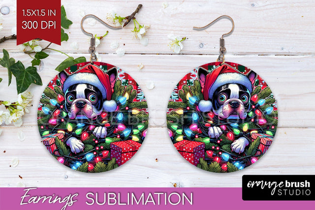 Boston Terrier Funny Christmas Dog Round Earrings Sublimation OrangeBrushStudio 