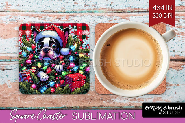 Boston Terrier Funny Christmas Dog Square Coaster Sublimation OrangeBrushStudio 