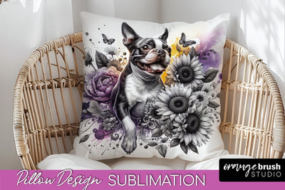 Boston Terrier Pillow Cover - Dog Mom Floral Pillow Sublimation Sublimation OrangeBrushStudio 